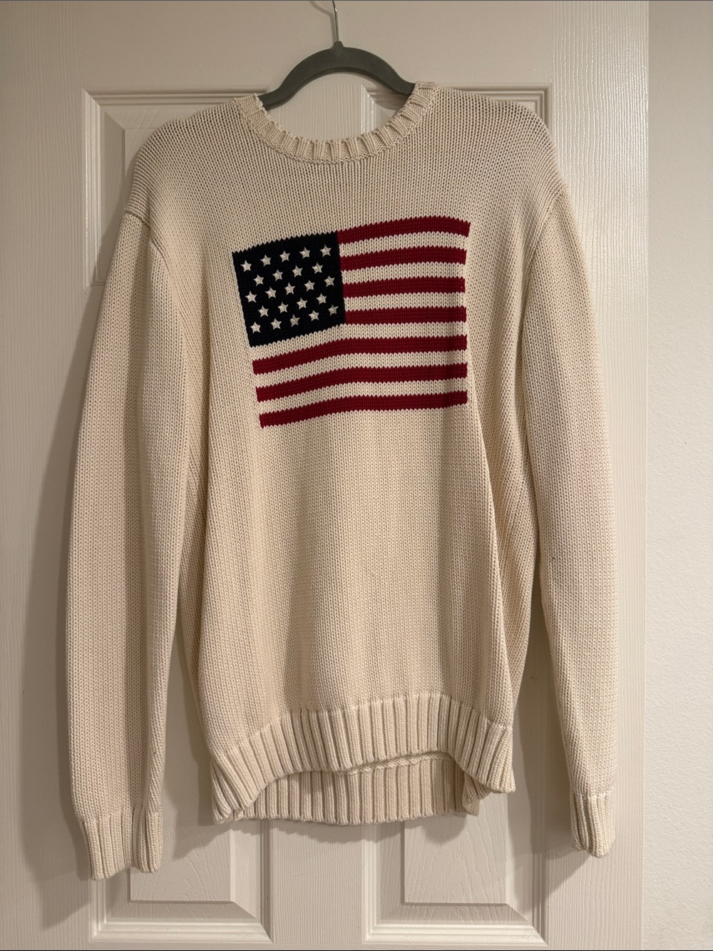 Brandy Melville Cream Crewneck Sweater with Red & Navy Flag